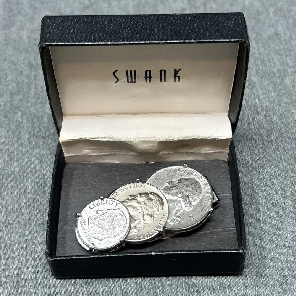 Vintage Swank 3 Coin Money Clip Genuine US 1946 Dime 1964 Nickel & Quarter w/Box